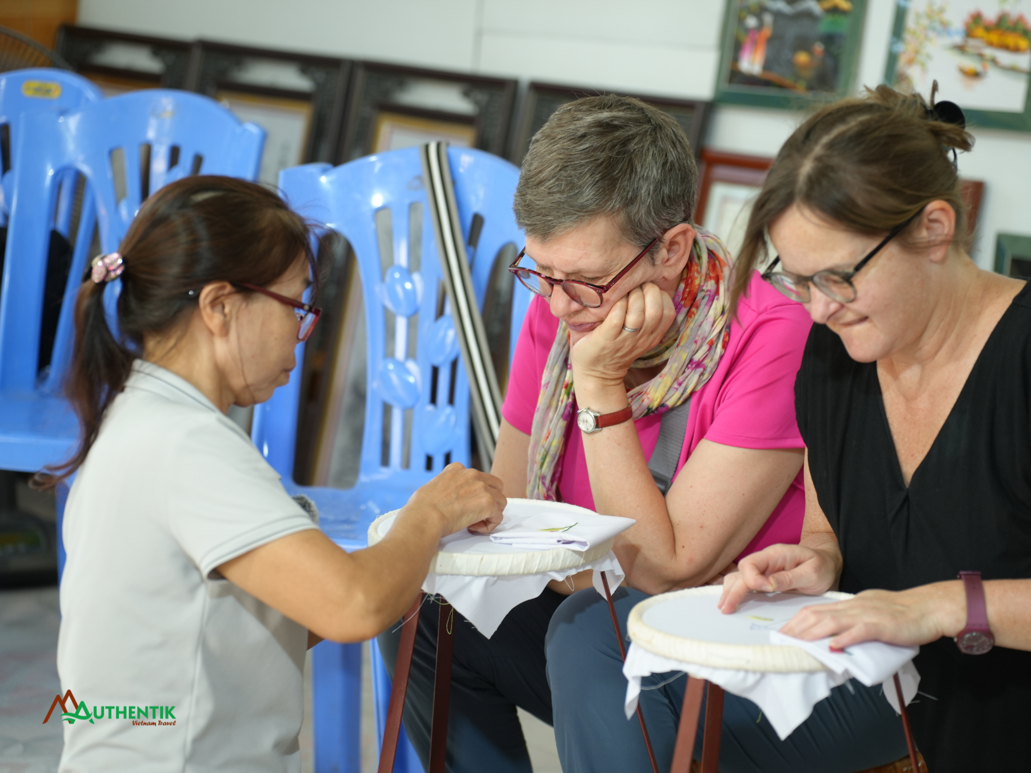 Our clients learn traditional embroidery in Lang Van village, Gia Vien, Ninh Binh, experiencing authentic local culture in Vietnam