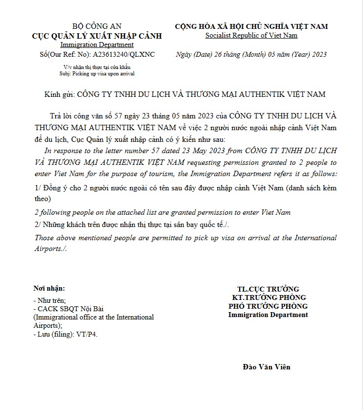 An approval letter requested by Authentik Vietnam for clients