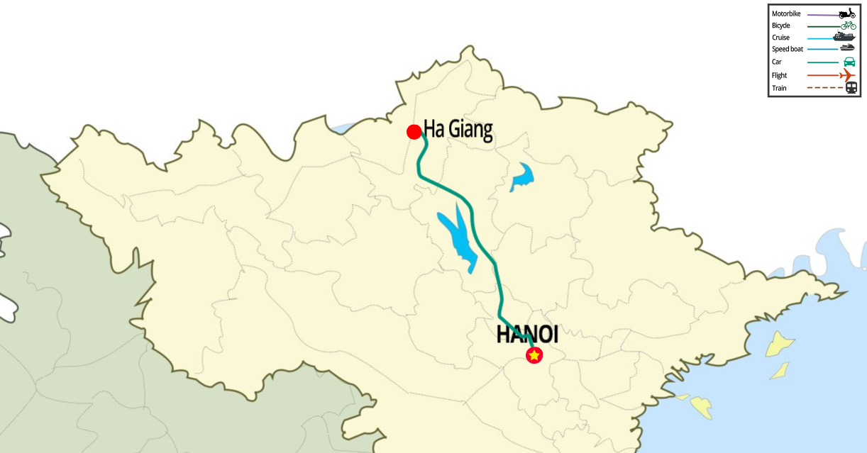 The distance between Hanoi and Ha Giang is approximately 285km