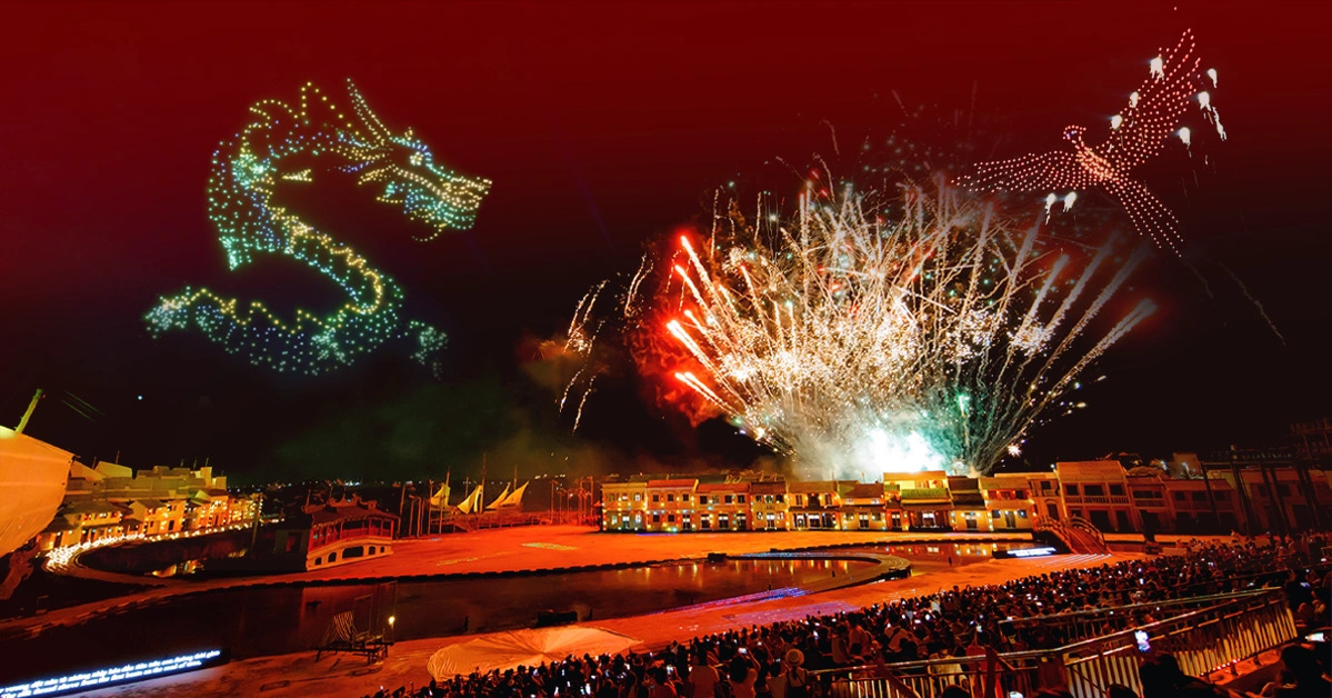 Drone light show concept for the opening of the Light and Heritage Festival 2026.