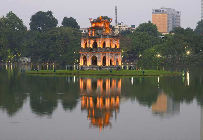 turtle tower in the middle of hoan kiem lake